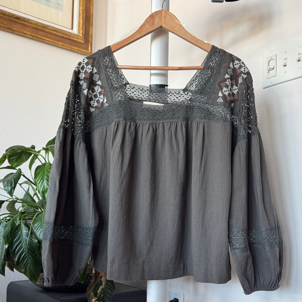 Lucky Brand Brown Blouse with Embroidered Details